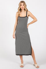 Charcoal Striped Sleeveless Fitted Side Slit Dress