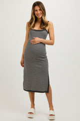 Charcoal Striped Sleeveless Fitted Side Slit Maternity Dress