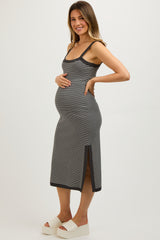 Charcoal Striped Sleeveless Fitted Side Slit Maternity Dress