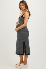 Navy Striped Sleeveless Fitted Side Slit Maternity Dress