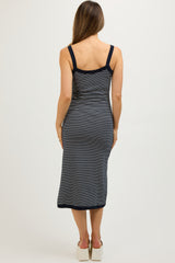 Navy Striped Sleeveless Fitted Side Slit Maternity Dress