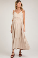 Beige Tiered Sleeveless Maternity Maxi Dress