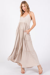 Beige Tiered Sleeveless Maternity Maxi Dress