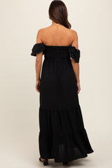 Black Smocked Ruffle Off Shoulder Tiered Maternity Maxi Dress