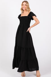 Black Smocked Ruffle Off Shoulder Tiered Maxi Dress