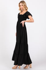 Black Smocked Ruffle Off Shoulder Tiered Maxi Dress