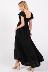 Black Smocked Ruffle Off Shoulder Tiered Maxi Dress