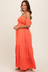 Orange Smocked Ruffle Off Shoulder Tiered Maternity Maxi Dress