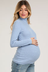 Light Blue Heathered Ribbed Mock Neck Long Sleeve Maternity Top