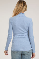 Light Blue Heathered Ribbed Mock Neck Long Sleeve Maternity Top