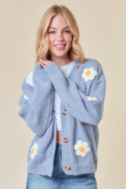 Light Blue Floral Knit Button Front Cardigan