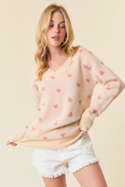 Cream Heart Print Knit Sweater