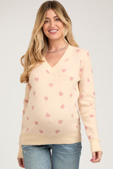 Cream Heart Print Knit Maternity Sweater