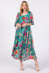 Turquoise Floral Half-Length Sleeve Tie Maternity Midi Dress