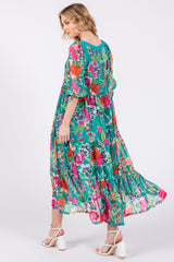 Turquoise Floral Half-Length Sleeve Tie Midi Dress