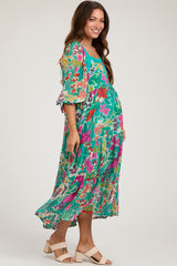 Turquoise Floral Half-Length Sleeve Tie Maternity Midi Dress