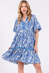 Blue Print Satin Puff Sleeve Dress