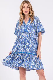 Blue Print Satin Puff Sleeve Dress