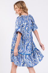 Blue Print Satin Puff Sleeve Dress