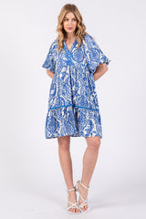 Blue Print Satin Puff Sleeve Dress