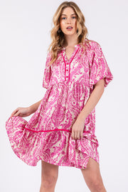 Fuchsia Print Satin Puff Sleeve Dress