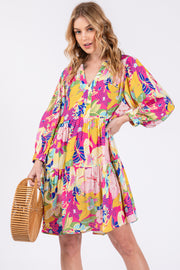 Fuchsia Multicolor Floral 3/4 Length Sleeve Dress