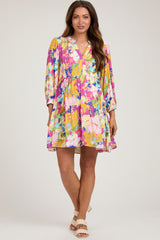 Fuchsia Multicolor Floral 3/4 Length Sleeve Maternity Dress