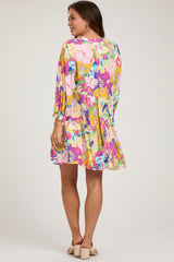 Fuchsia Multicolor Floral 3/4 Length Sleeve Maternity Dress