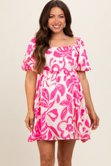 Fuchsia Floral Puff Sleeve Maternity Dress