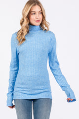 Light Blue Ribbed Long Sleeve Turtle Neck Top