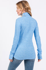 Light Blue Ribbed Long Sleeve Turtle Neck Top