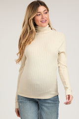 Cream Ribbed Long Sleeve Maternity Turtle Neck Top