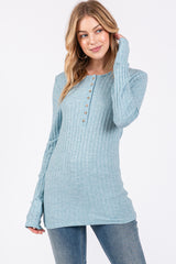 Light Teal Ribbed Knit Button Long Sleeve Top