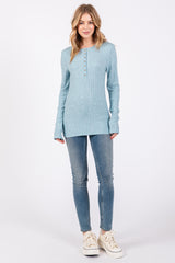 Light Teal Ribbed Knit Button Long Sleeve Top