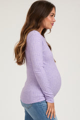 Lavender Ribbed Knit Button Long Sleeve Maternity Top