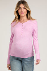 Pink Ribbed Knit Button Long Sleeve Maternity Top