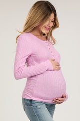 Pink Ribbed Knit Button Long Sleeve Maternity Top