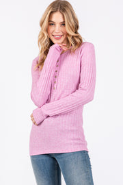 Pink Ribbed Knit Button Long Sleeve Top