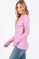 Pink Ribbed Knit Button Long Sleeve Top