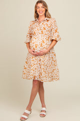 Camel Floral Button Down Maternity Dress