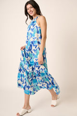 Blue Watercolor Print Satin Maternity Midi Dress