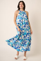 Blue Watercolor Print Satin Midi Dress