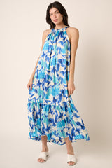 Blue Watercolor Print Satin Midi Dress