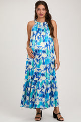 Blue Watercolor Print Satin Maternity Midi Dress