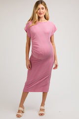 Mauve Ribbed Short Sleeve Gathered Maternity Midi Dress