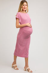 Mauve Ribbed Short Sleeve Gathered Maternity Midi Dress