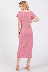 Mauve Ribbed Short Sleeve Gathered Midi Dress