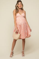 Peach Floral Sleeveless V-Neck Maternity Dress