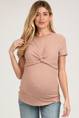 Beige Ribbed Twist Front Maternity Top