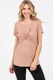 Beige Ribbed Twist Front Top